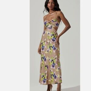 NEW ASTR The Label Cut Out Floral Midi Collette Tan Dress Small S